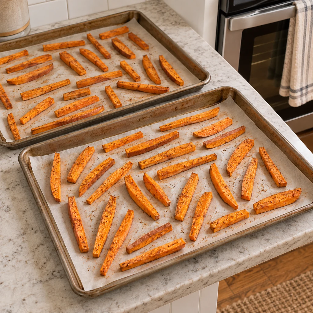 Seasoned sweet potato fries arranged in a spacious single layer on two parchment-lined sheet pans