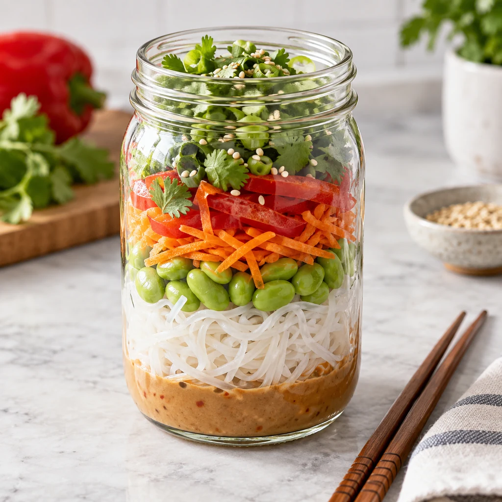 Asian rice noodle mason jar salad with edamame and vegetables