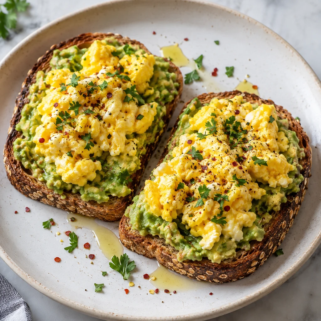 Two avocado toasts topped with portions of fully cooked scrambled egg, parsley, pepper flakes, and olive oil