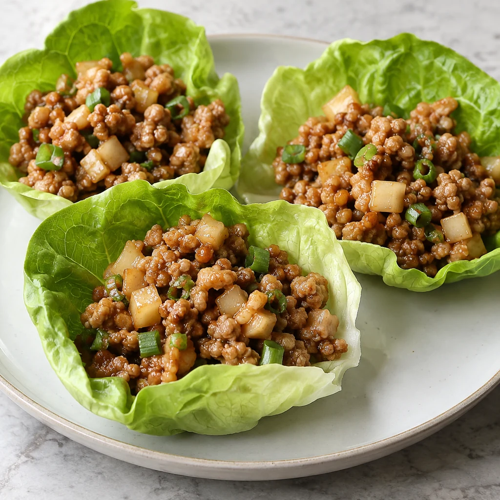 Saucy ground chicken filling served in crisp butter lettuce cups