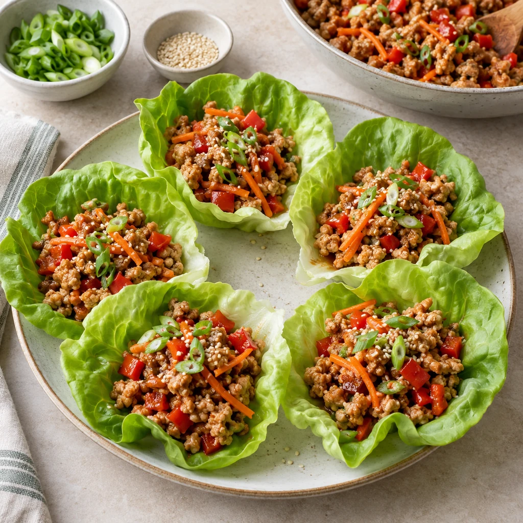 Chicken and vegetable filling portioned into butter lettuce cups