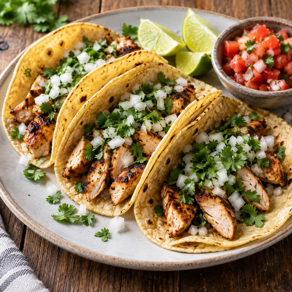 Finished grilled chicken street tacos with white onion, cilantro and lime