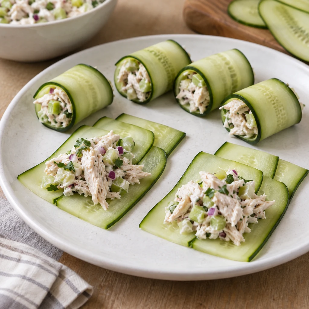 Chicken salad placed on overlapping cucumber ribbons beside finished rolled wraps