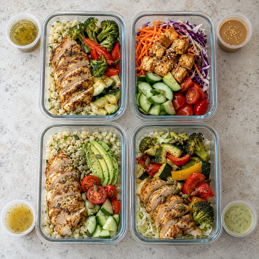 Four glass low-carb meal prep bowls assembled with varied vegetables, chicken or tofu, and separate dressing cups