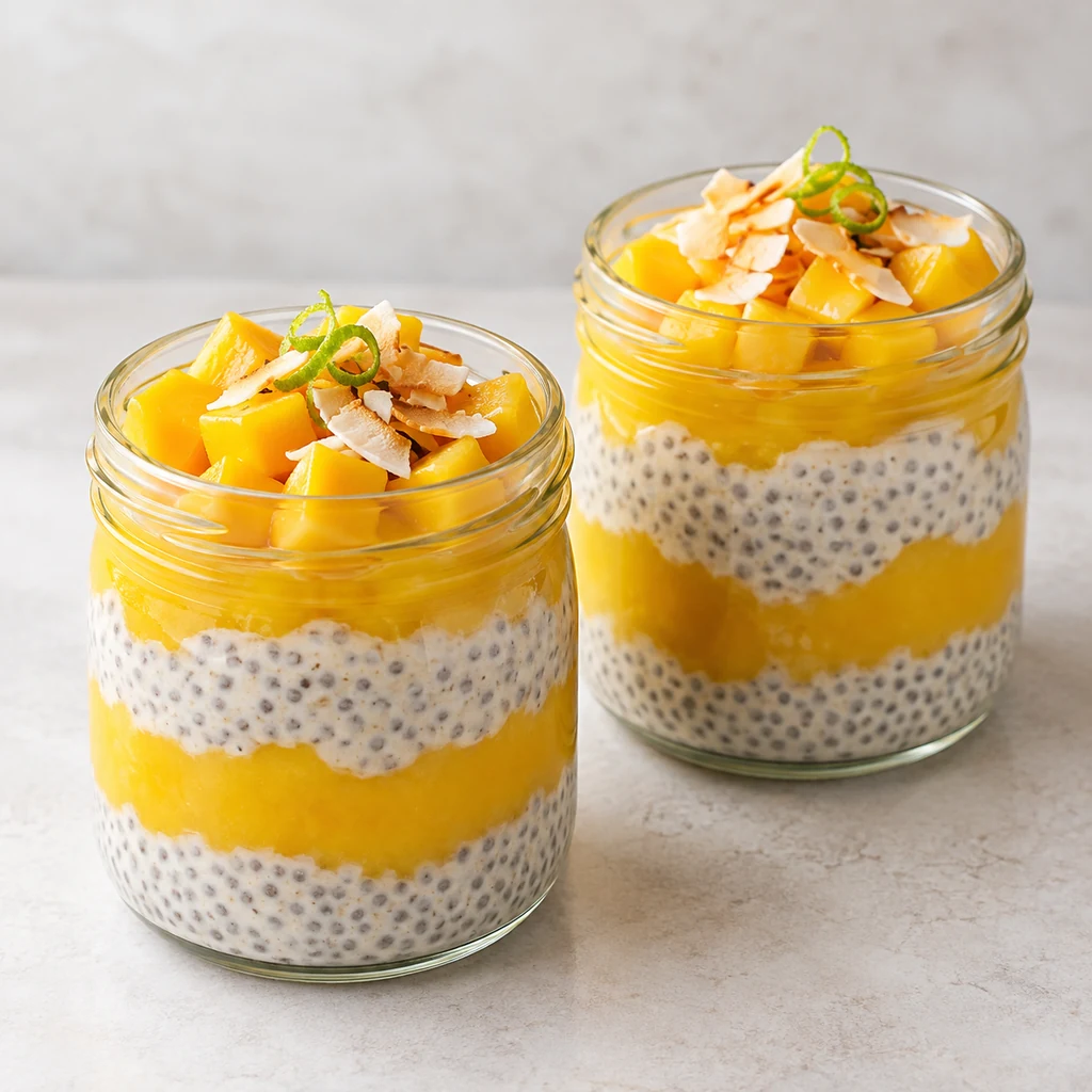 Mango coconut chia pudding layered with mango puree and topped with diced mango