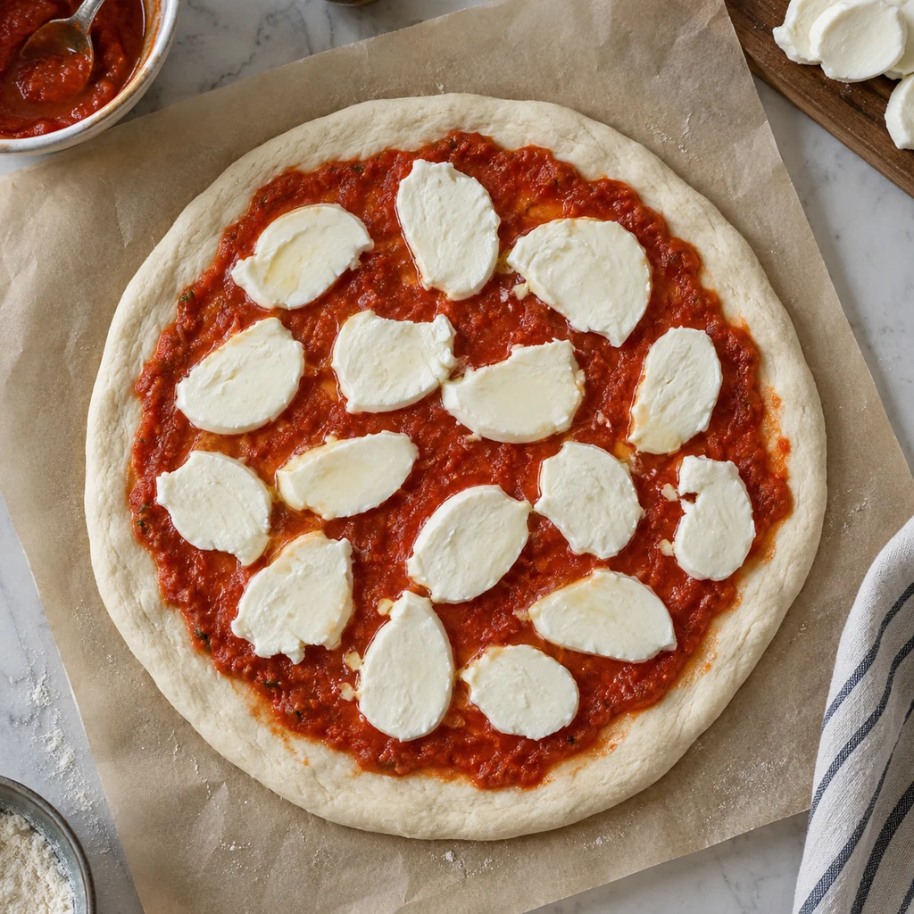 Unbaked pizza round topped with tomato sauce and fresh mozzarella slices