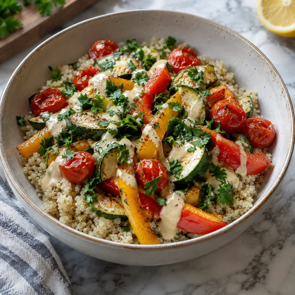 Cooked quinoa topped with roasted cherry tomatoes, zucchini, bell peppers, lemon tahini dressing, and chopped fresh herbs