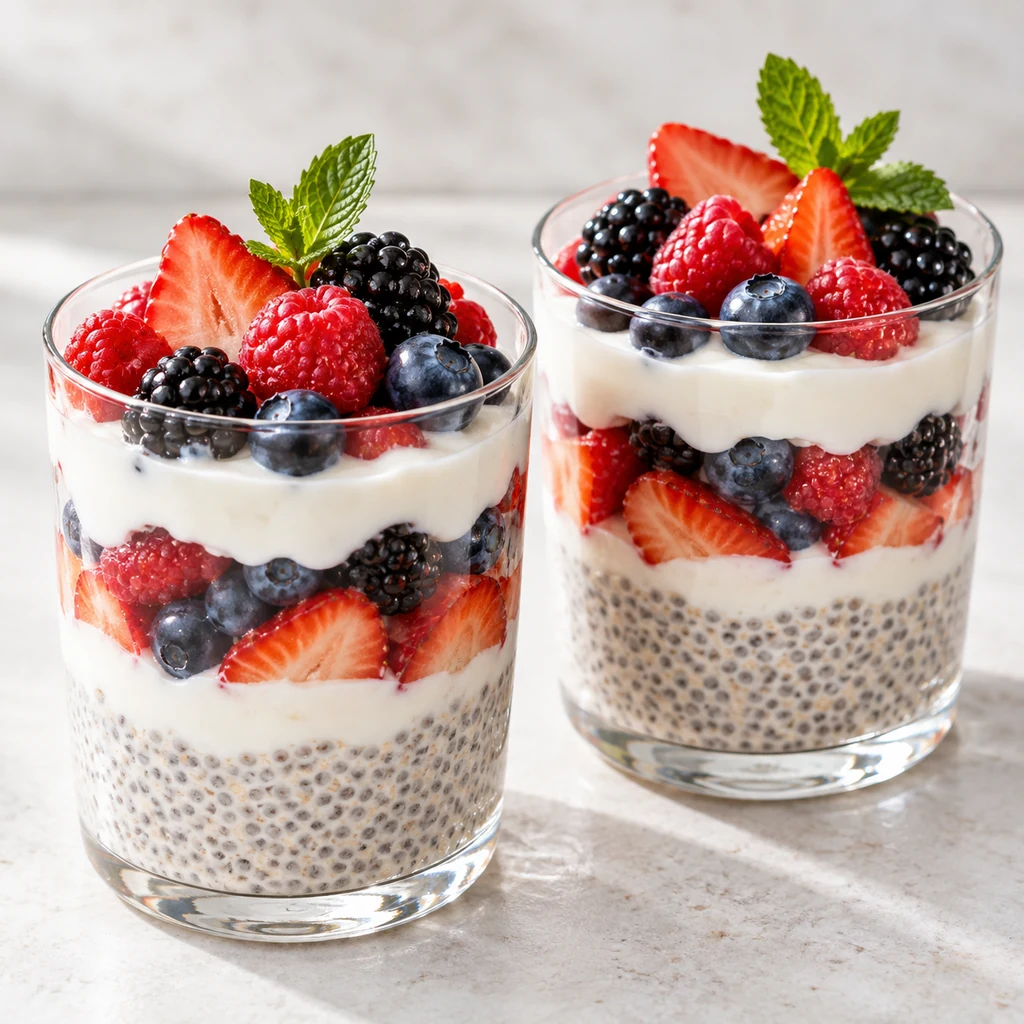 Finished summer berry chia parfait layered with Greek yogurt and mixed fresh berries