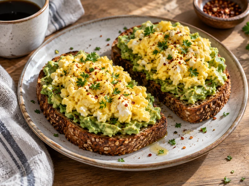 Two whole-grain avocado toasts topped with fully cooked scrambled egg, parsley, and pepper flakes
