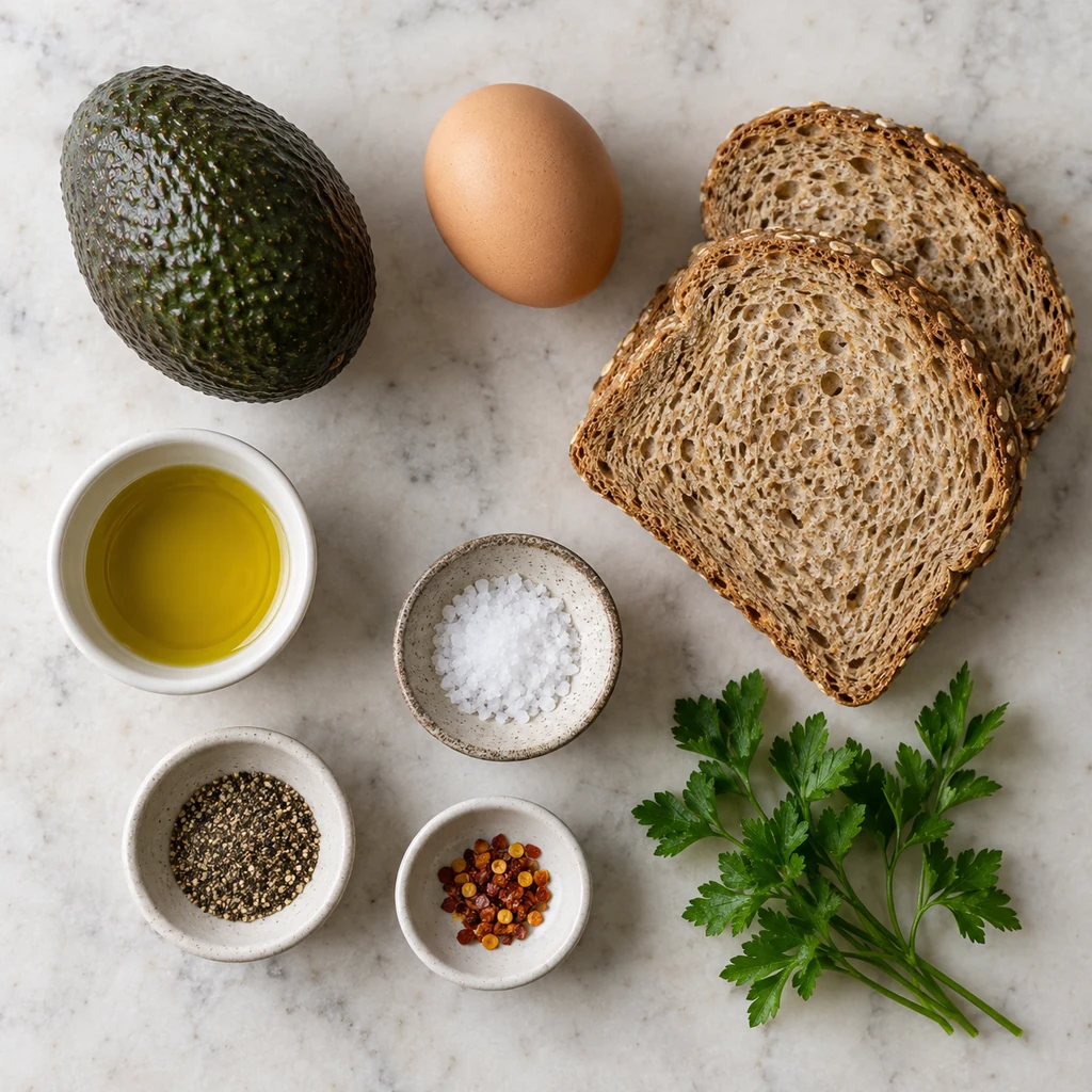 One avocado, one egg, two whole-grain bread slices, olive oil, salt, pepper, red pepper flakes, and parsley arranged separately