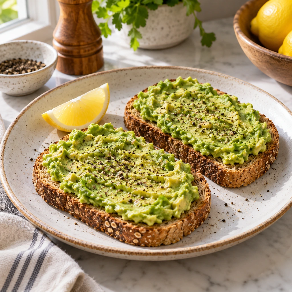 Classic mashed avocado spread over whole grain toast