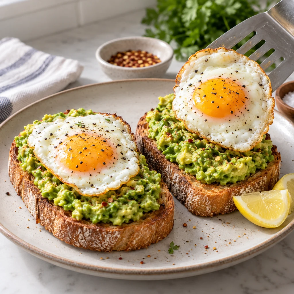 Cooked eggs placed over mashed avocado on toast
