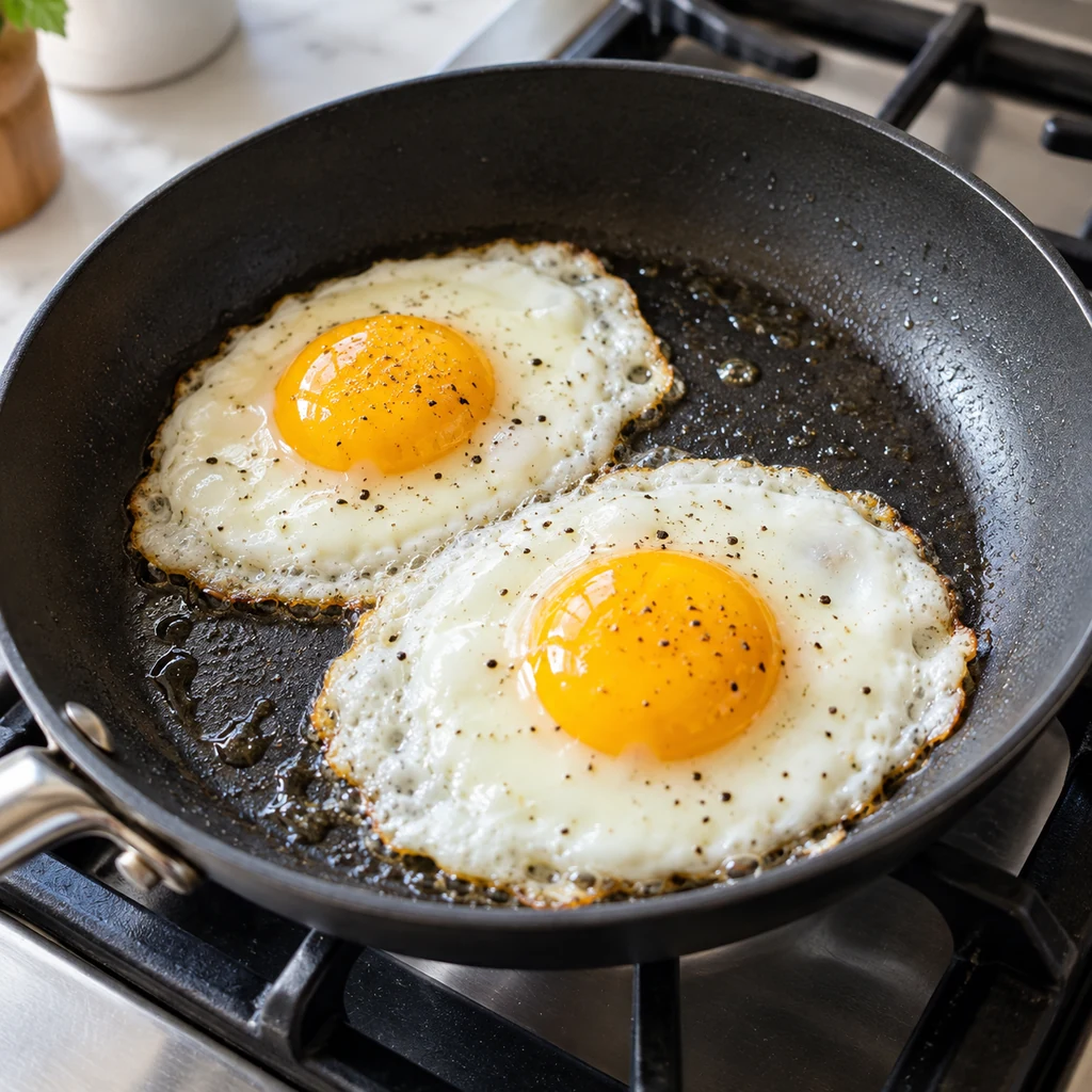 Sunny-side-up eggs cooking in a skillet