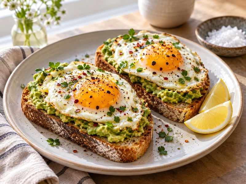 Avocado toast with sunny eggs, herbs, lemon, and chili flakes