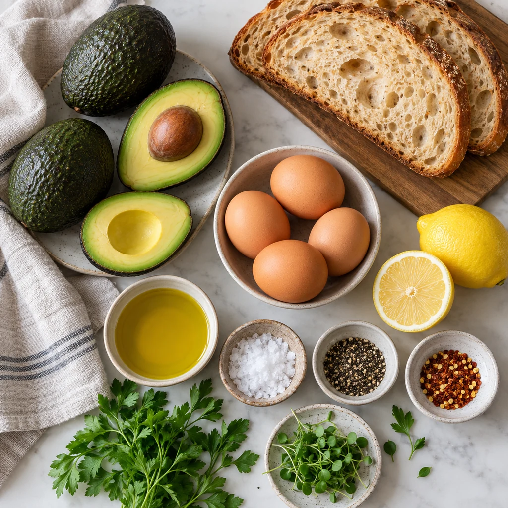 Ingredients for avocado toast with egg arranged on a kitchen counter