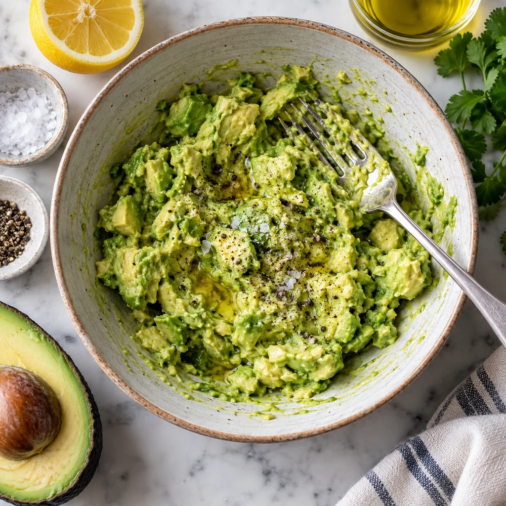 Mashed avocado with lemon, olive oil, salt, and pepper