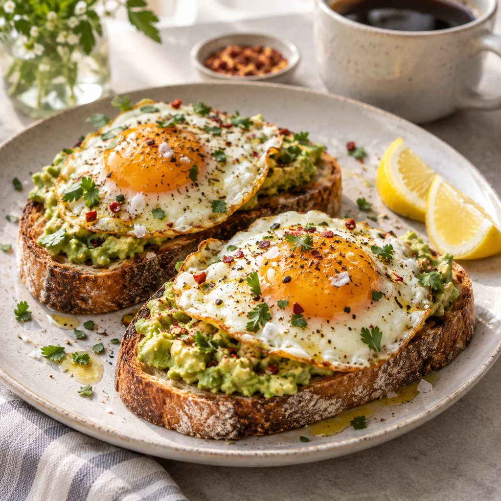 Finished avocado toast with eggs, herbs, lemon, and chili flakes