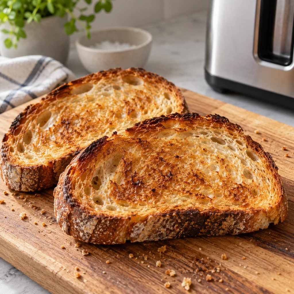 Golden toasted sourdough slices on a wooden board