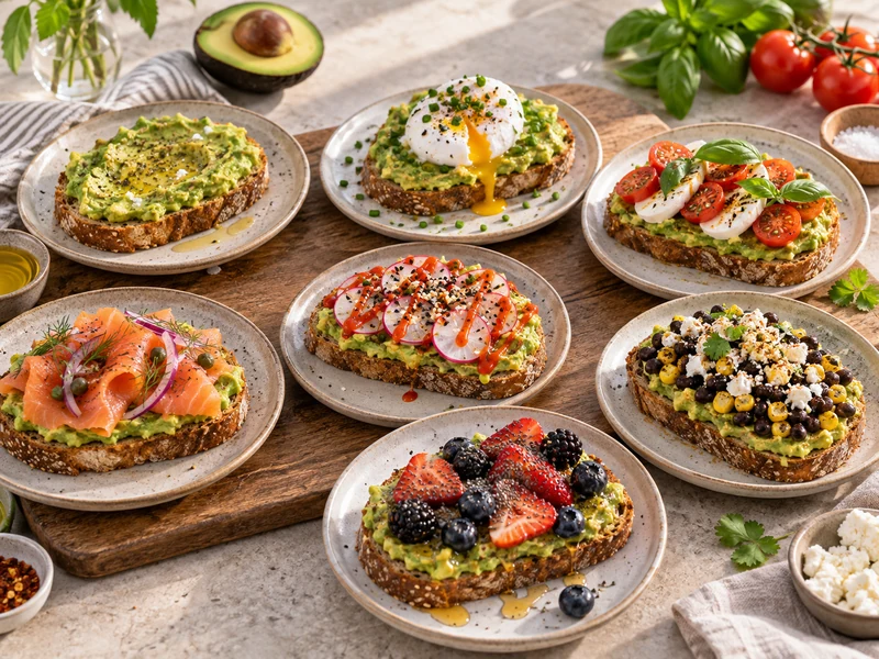 Seven distinct avocado toast ideas arranged for a colorful brunch.