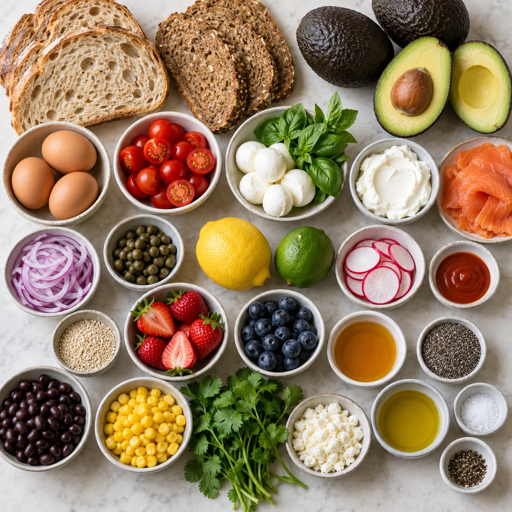 Avocados, sturdy bread, eggs, tomatoes, mozzarella, smoked salmon, radishes, berries, beans, corn, herbs, and avocado toast toppings