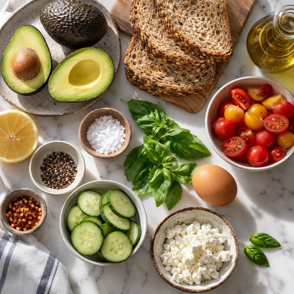 Ingredients arranged for quick avocado toast recipes