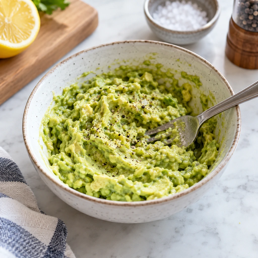 Mashed avocado seasoned with lemon, salt, and pepper