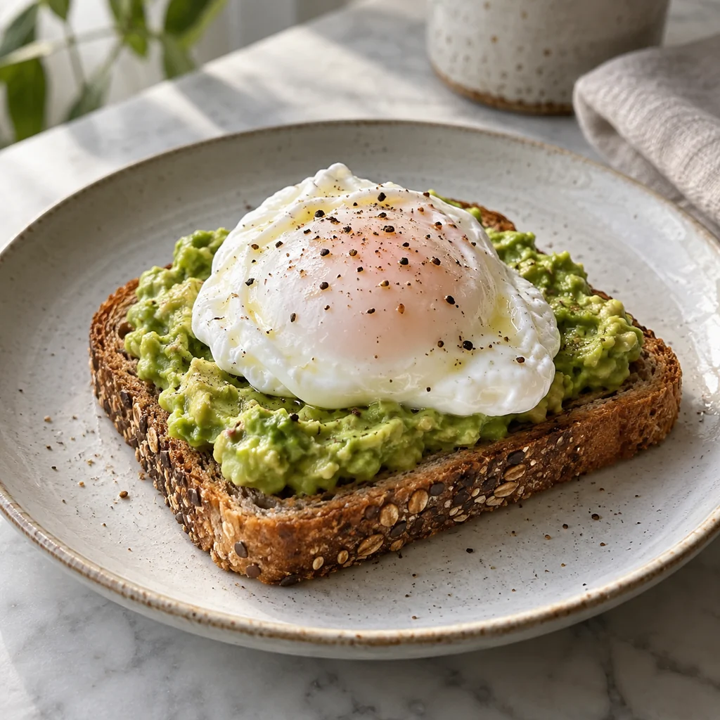 Whole-grain avocado toast topped with a poached egg