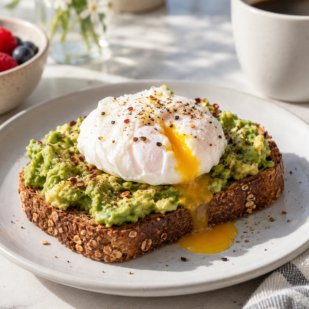 Avocado toast topped with a poached egg