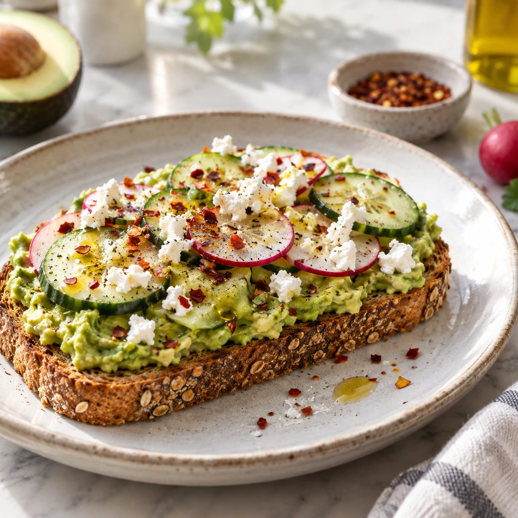 Spicy avocado toast with cucumber feta and red pepper flakes