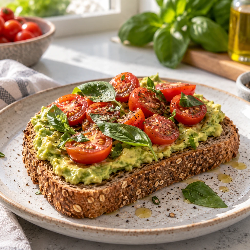 Avocado toast topped with tomatoes and basil