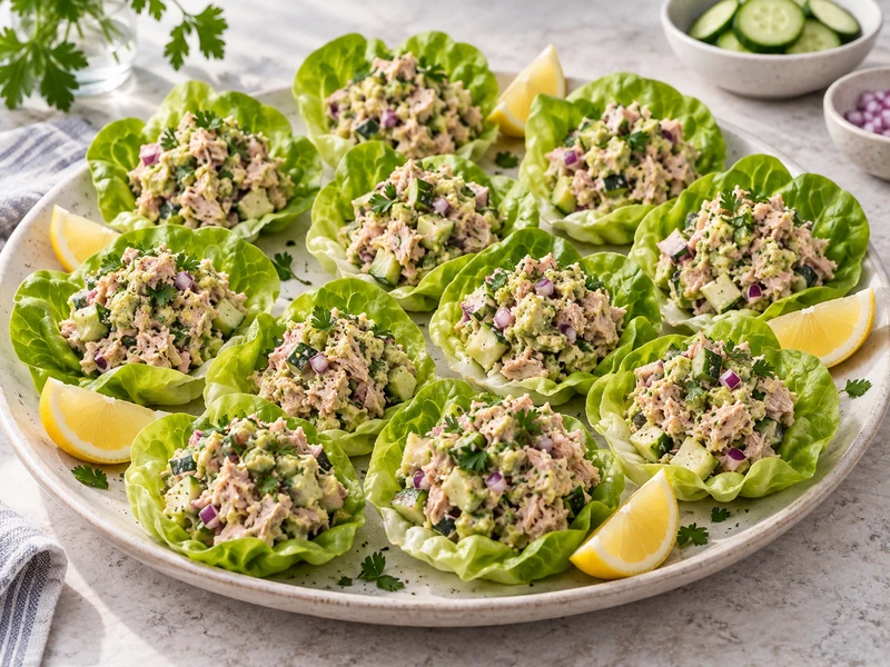Finished avocado tuna salad served in crisp butter-lettuce cups