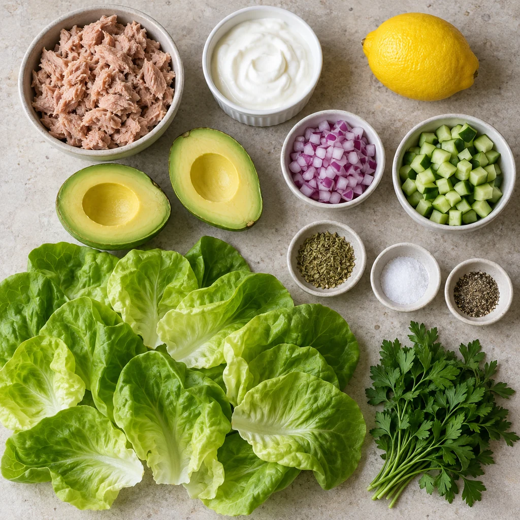 Tuna, avocado, Greek yogurt, lemon, red onion, cucumber, oregano, seasonings, lettuce and parsley for avocado tuna cups