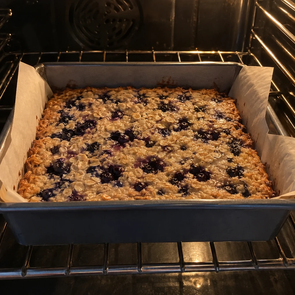 Blueberry oat mixture baking in a parchment-lined square pan in the oven