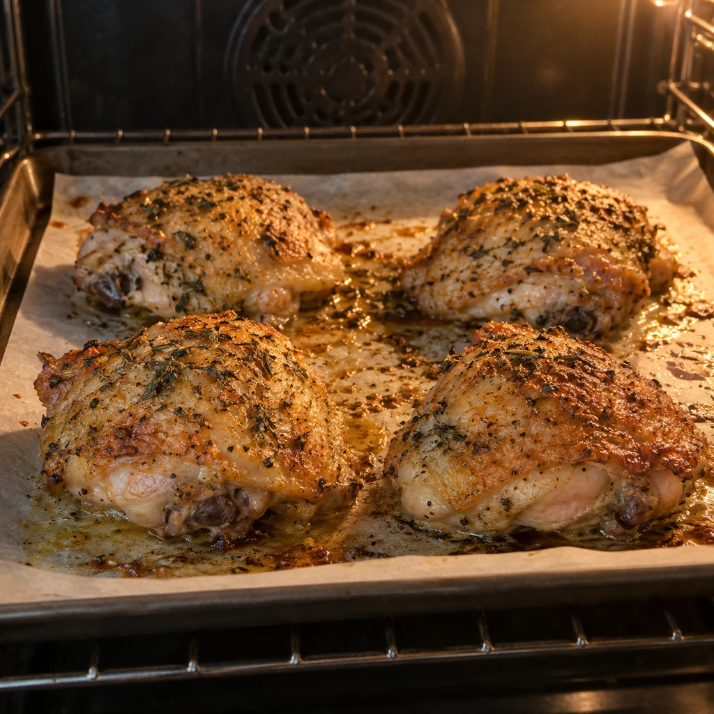 Four lemon herb chicken thighs roasting skin-side up on a lined sheet in the oven