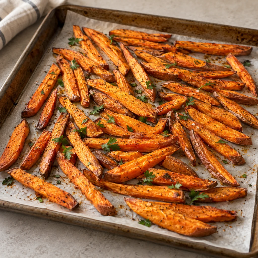 Crispy golden baked sweet potato fries finished on a parchment-lined baking sheet
