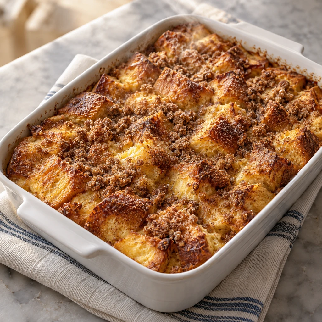 Golden baked French toast casserole with a crisp cinnamon crumb topping