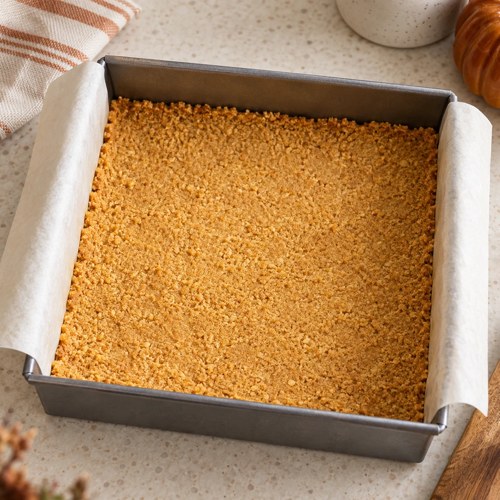 A pre-baked graham cracker crust pressed into a parchment-lined nine-inch square metal pan.