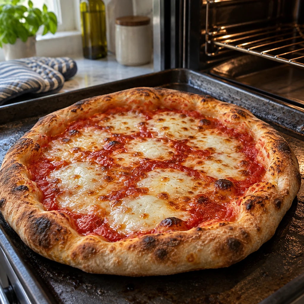 Golden baked Margherita pizza with bubbling mozzarella on a hot baking sheet