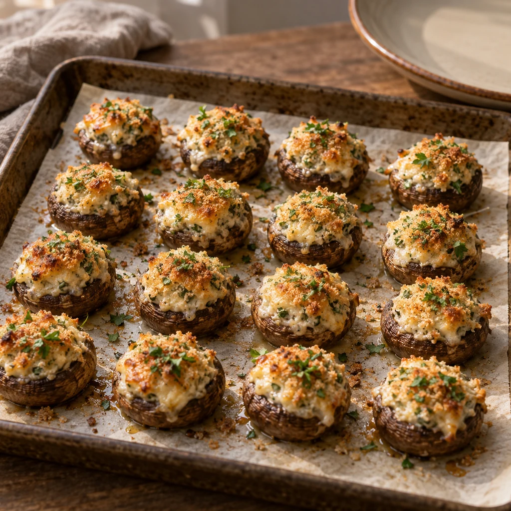 Freshly baked cheese-and-herb stuffed mushrooms resting on a parchment-lined tray