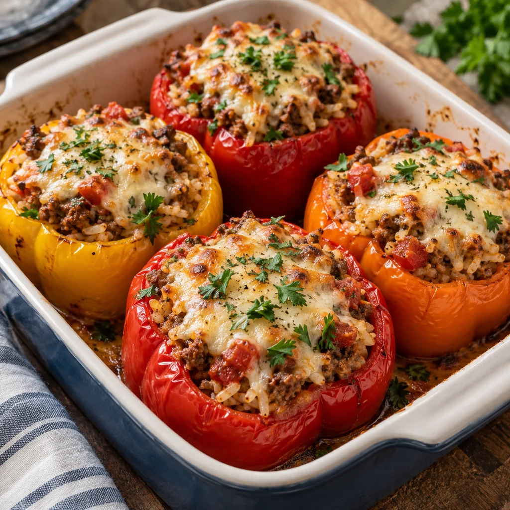 Baked stuffed bell peppers with tender roasted sides, melted cheese, and parsley