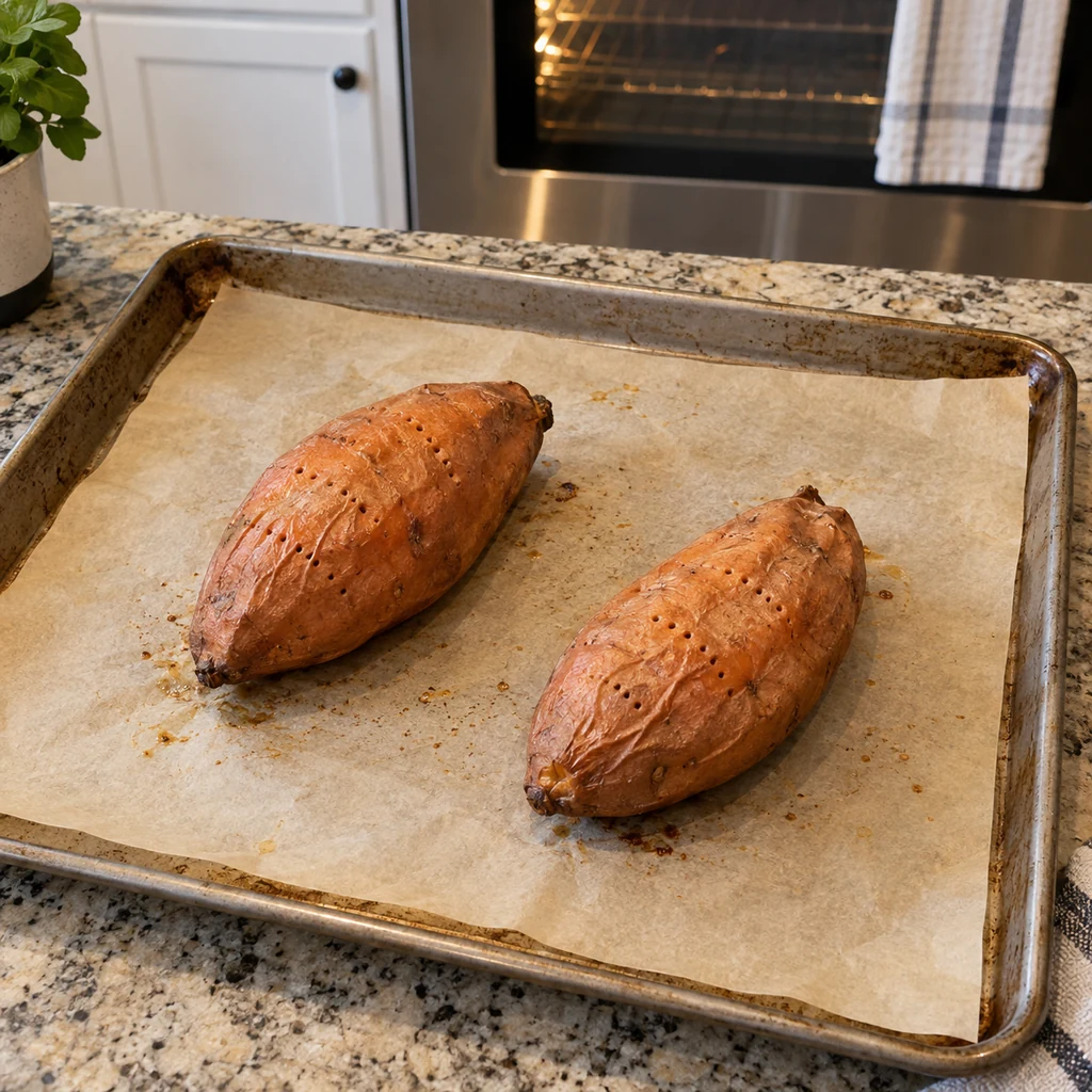 Two pierced whole sweet potatoes on a parchment-lined baking sheet