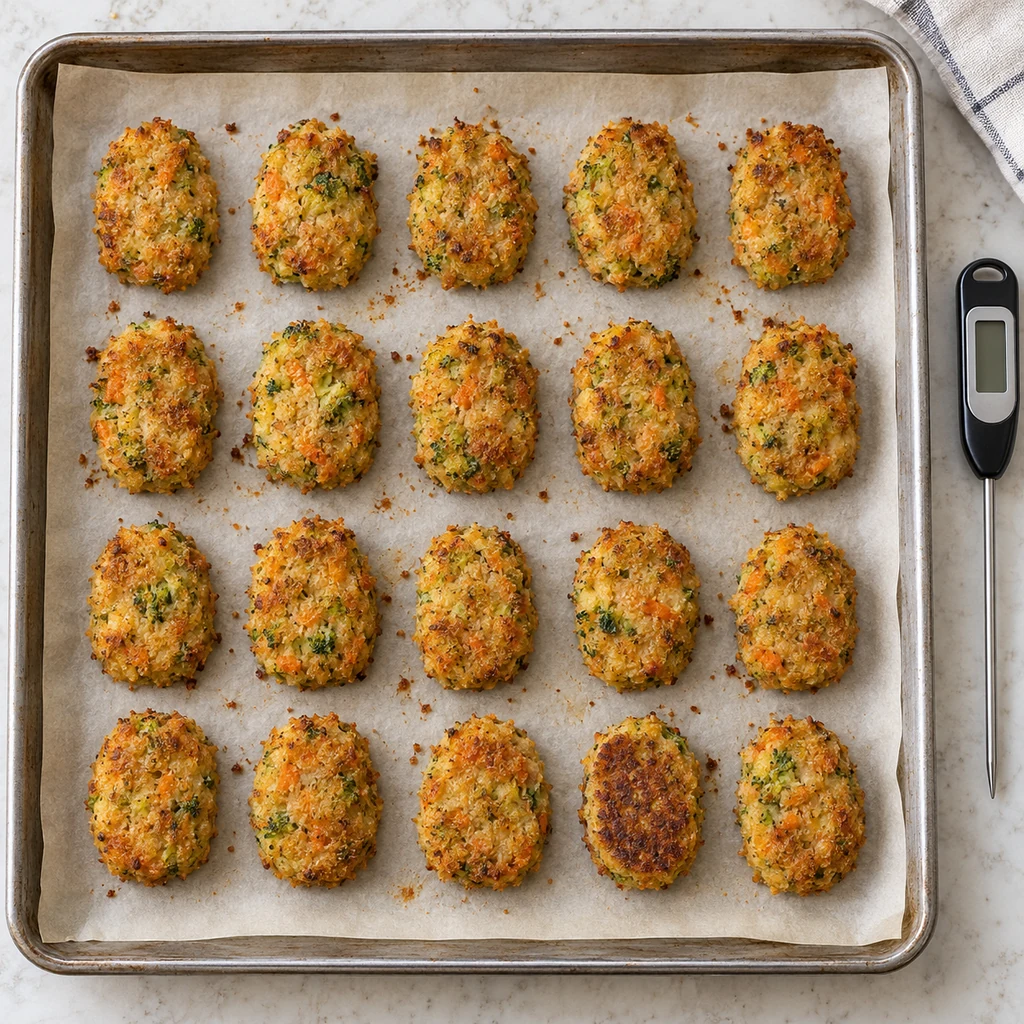 Twenty golden baked veggie nuggets arranged in four rows on a parchment-lined baking sheet