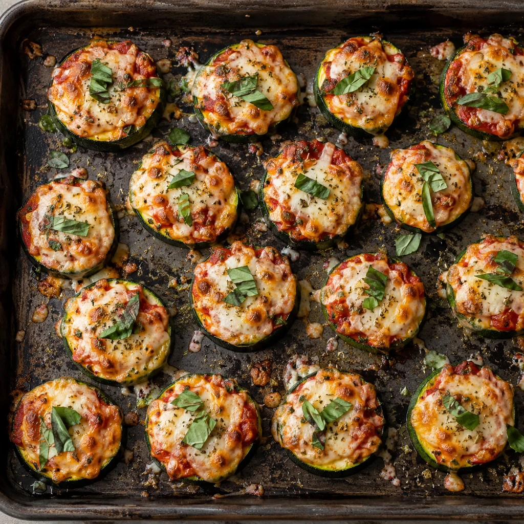 Baked zucchini pizza bites with melted golden cheese and fresh basil on a baking sheet