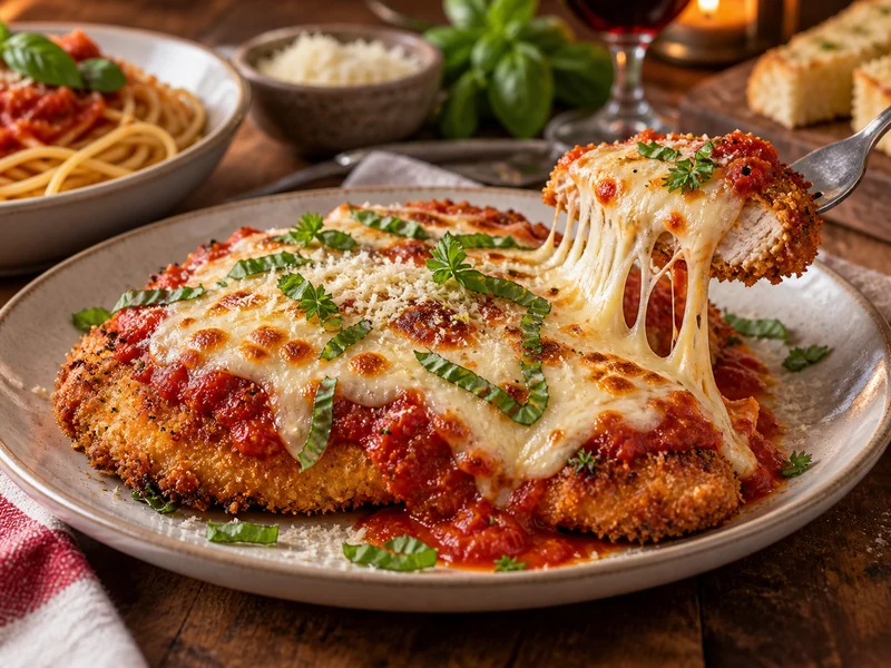 Baked chicken parmesan with marinara mozzarella basil and pasta