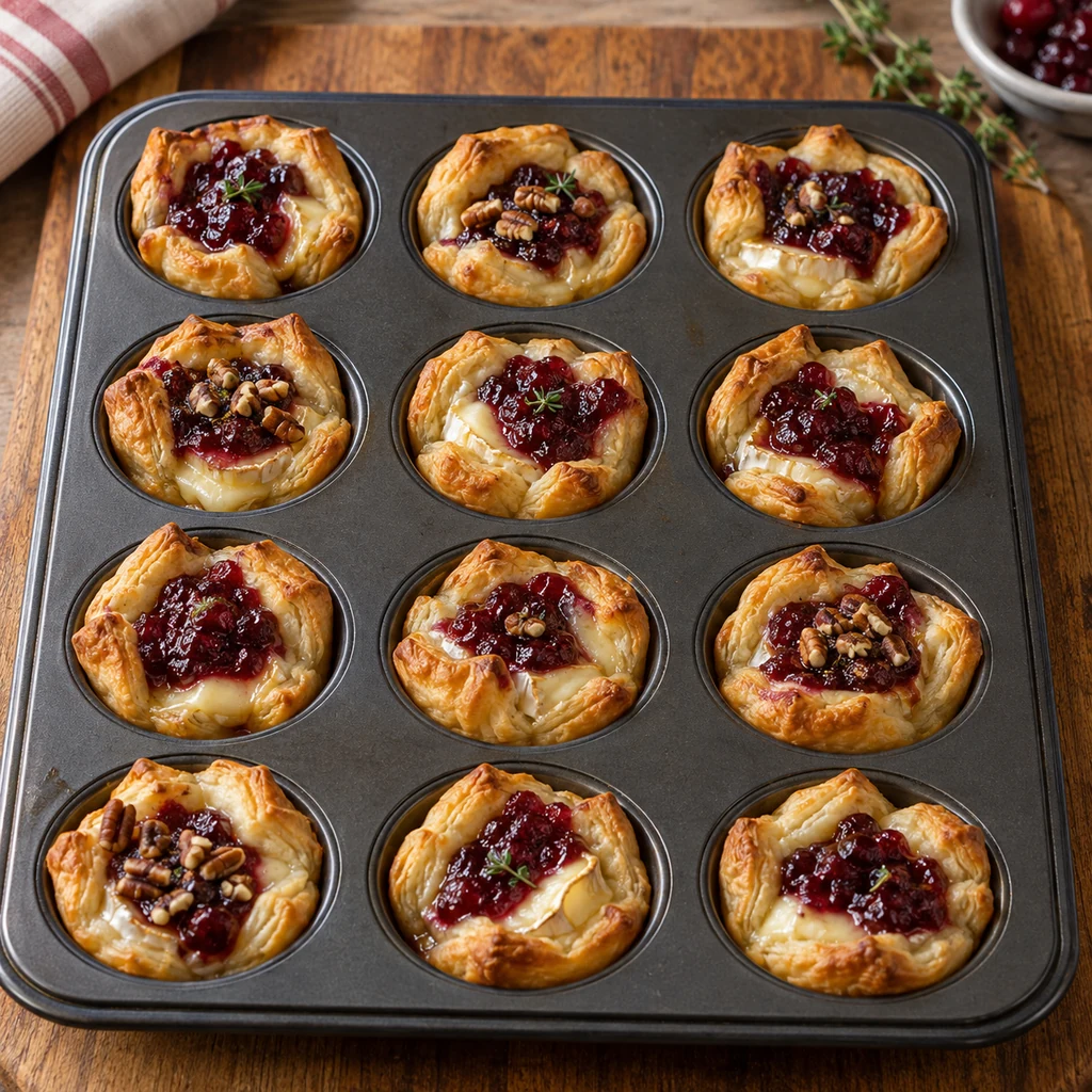 Twelve baked cranberry brie bites in a mini muffin pan