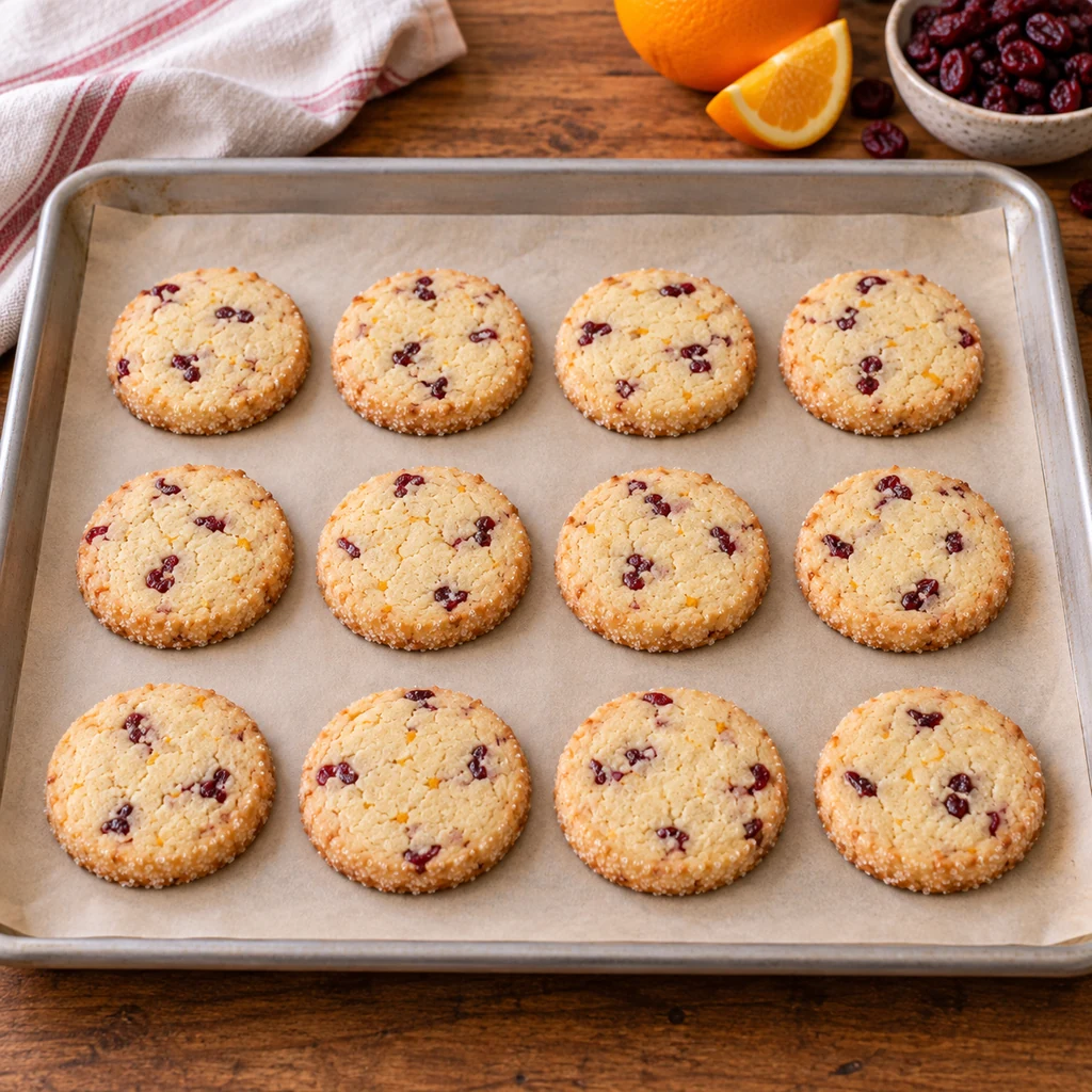 Twelve baked cranberry orange shortbread cookies arranged on a parchment lined tray
