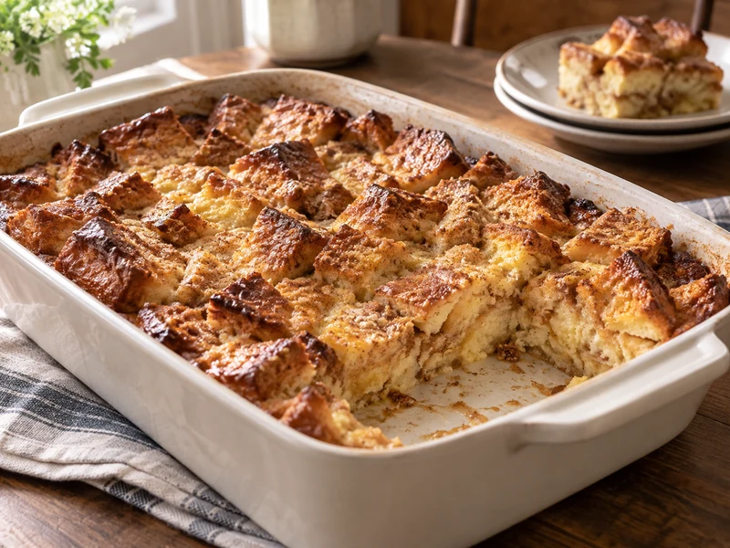 Golden baked French toast casserole in a rectangular dish with a served portion