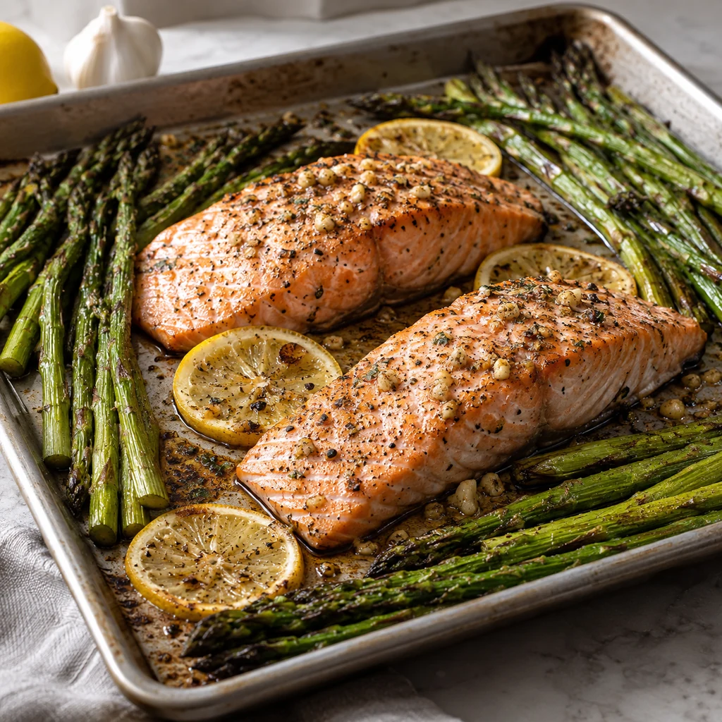 Baked salmon fillets with roasted asparagus, lemon, and garlic