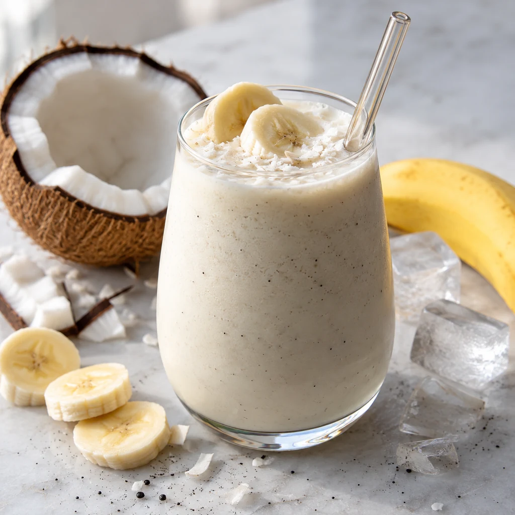Creamy banana coconut smoothie with banana slices and fresh coconut