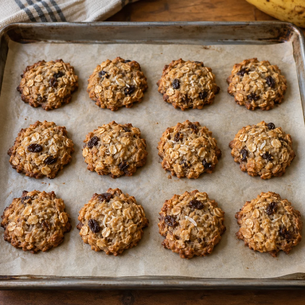 Twelve lightly golden baked banana oat cookies cooling on a parchment-lined baking sheet